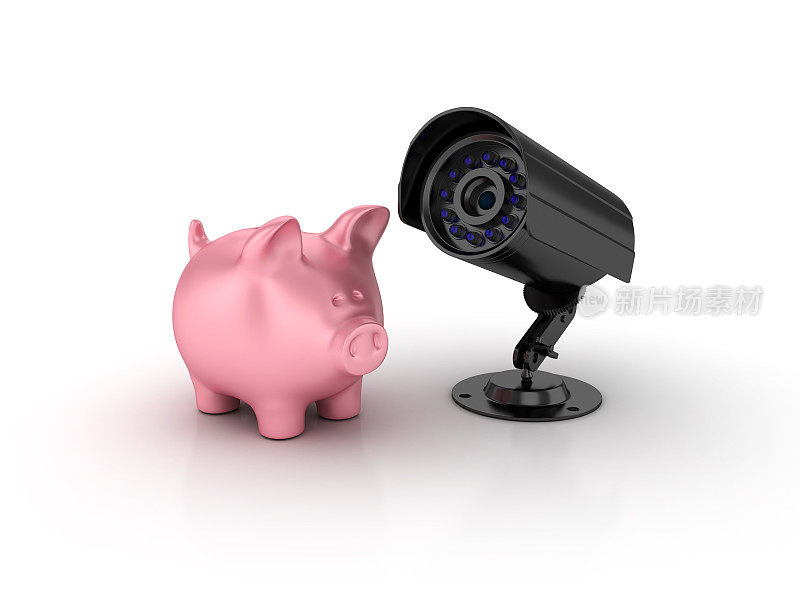 安全摄像头与小猪银行- 3D渲染
